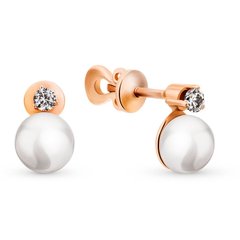 Gold earrings with pearls and cubic zirkonia ЖС2003