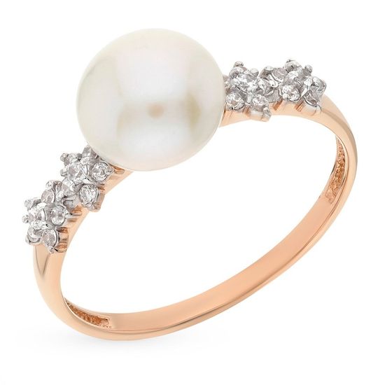 Gold ring with pearls and cubic zirkonia ЖК2014, 15.5, 2.55