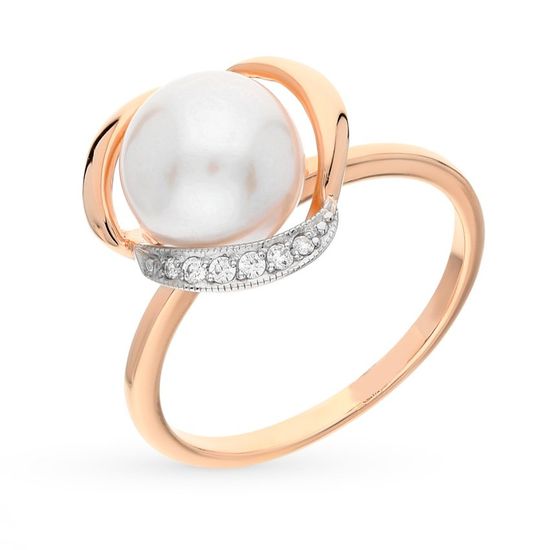 Gold ring with pearls and cubic zirkonia ЖК2010, 15.5, 3.65