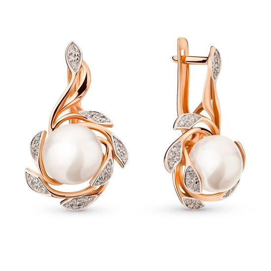 Gold earrings with pearls and cubic zirkonia ЖС2012